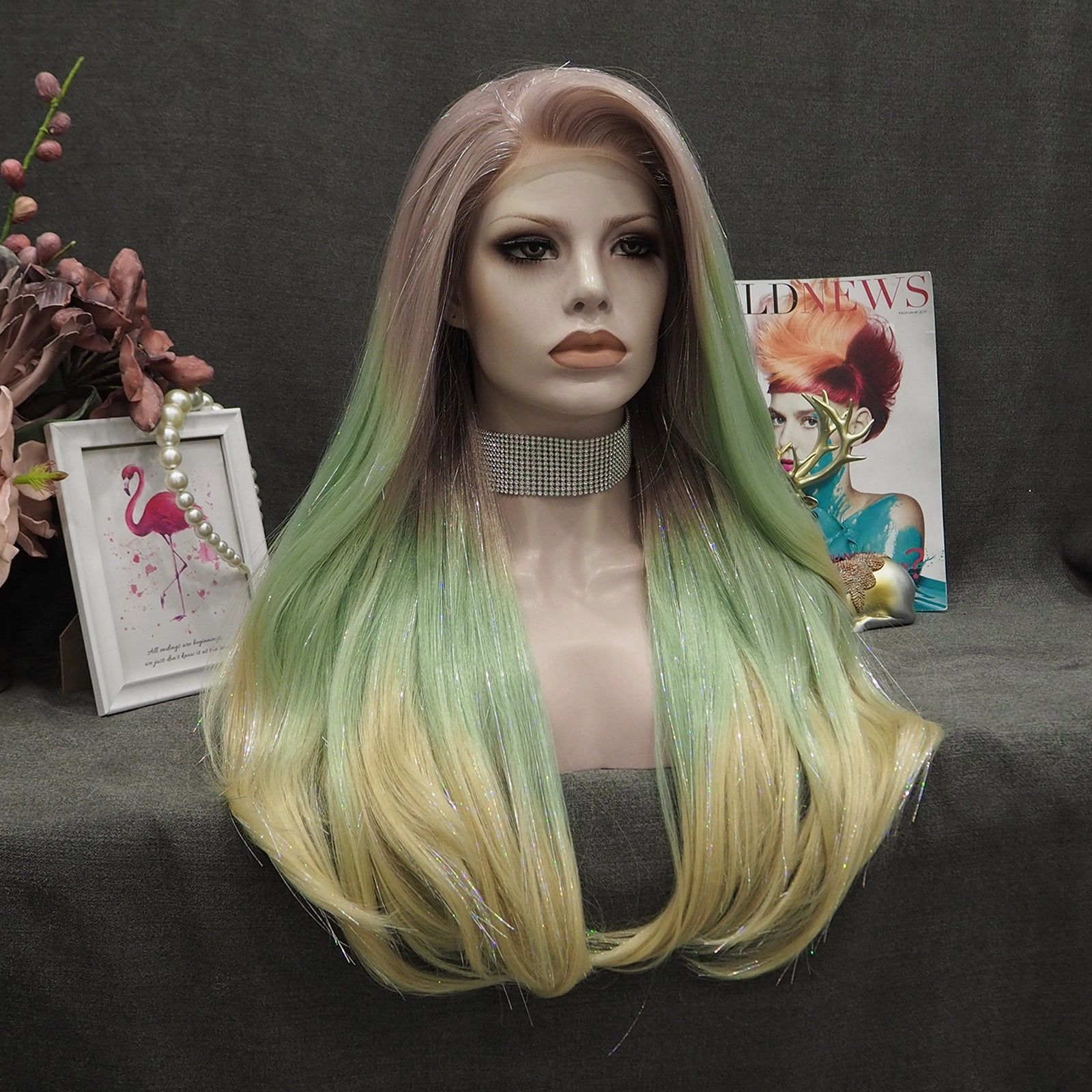 Ann - Sand Red to Green Blonde Ombre with Tinsel  Long Straight Synthetic Lace Front Wig