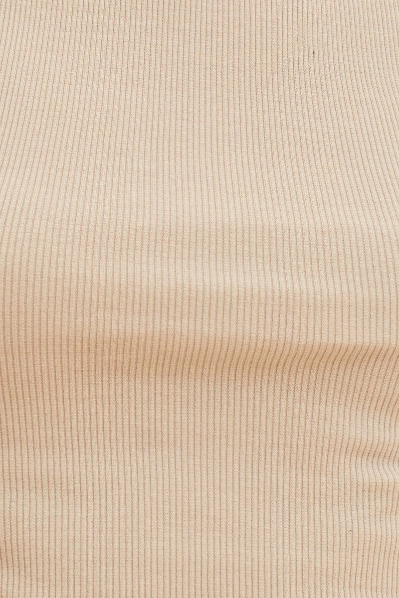 Beige Cropped Tank Cotton Blend Rib High Neck Racer Back
