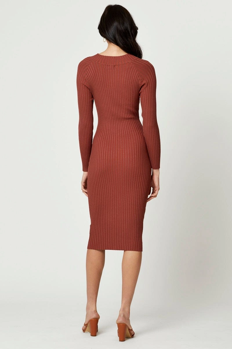 Beige High Neck Twist Detail Bodycon Knit Dress