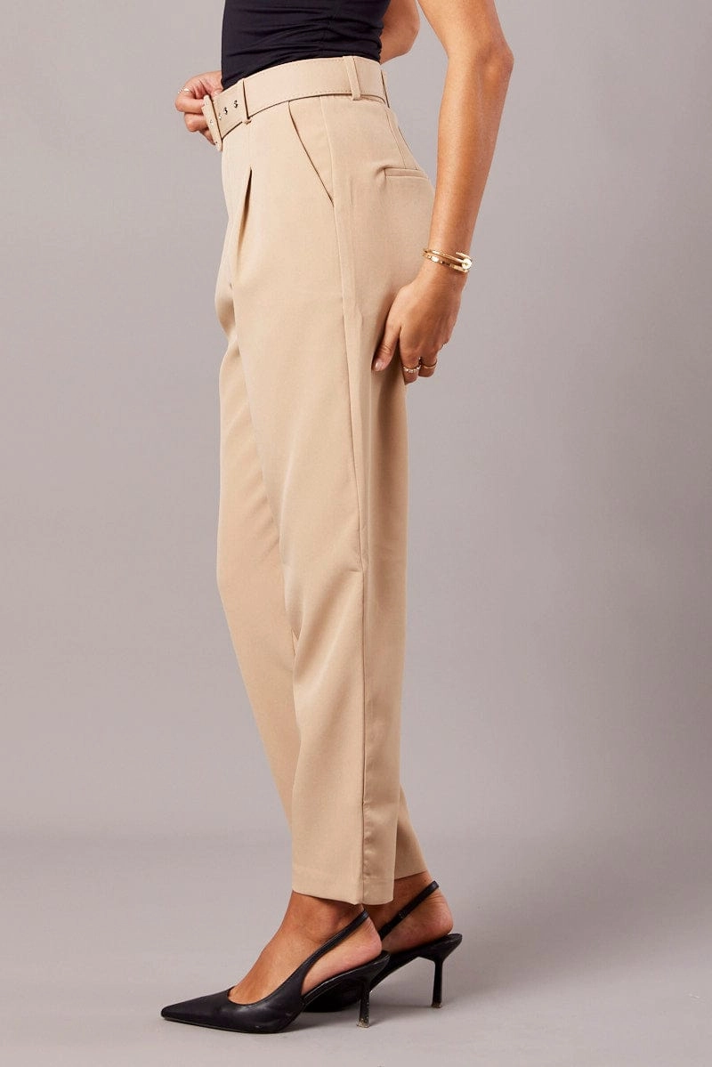 Beige Tapered Pants High Rise Belted