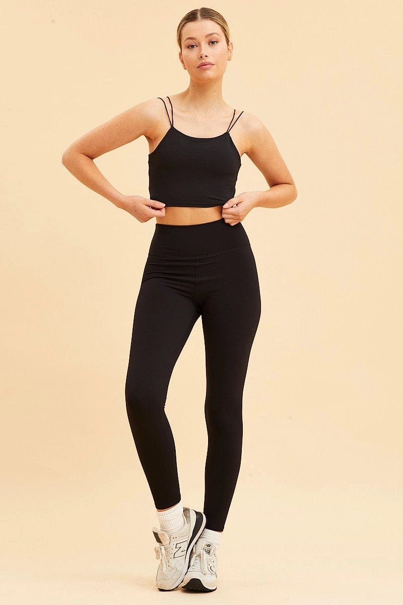 Black Crop Top High Neck Active Rib