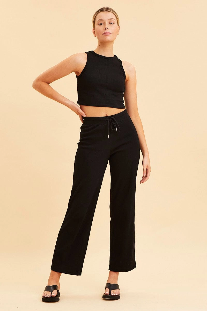 Black Cropped Tank Cotton Blend Rib High Neck Racer Back