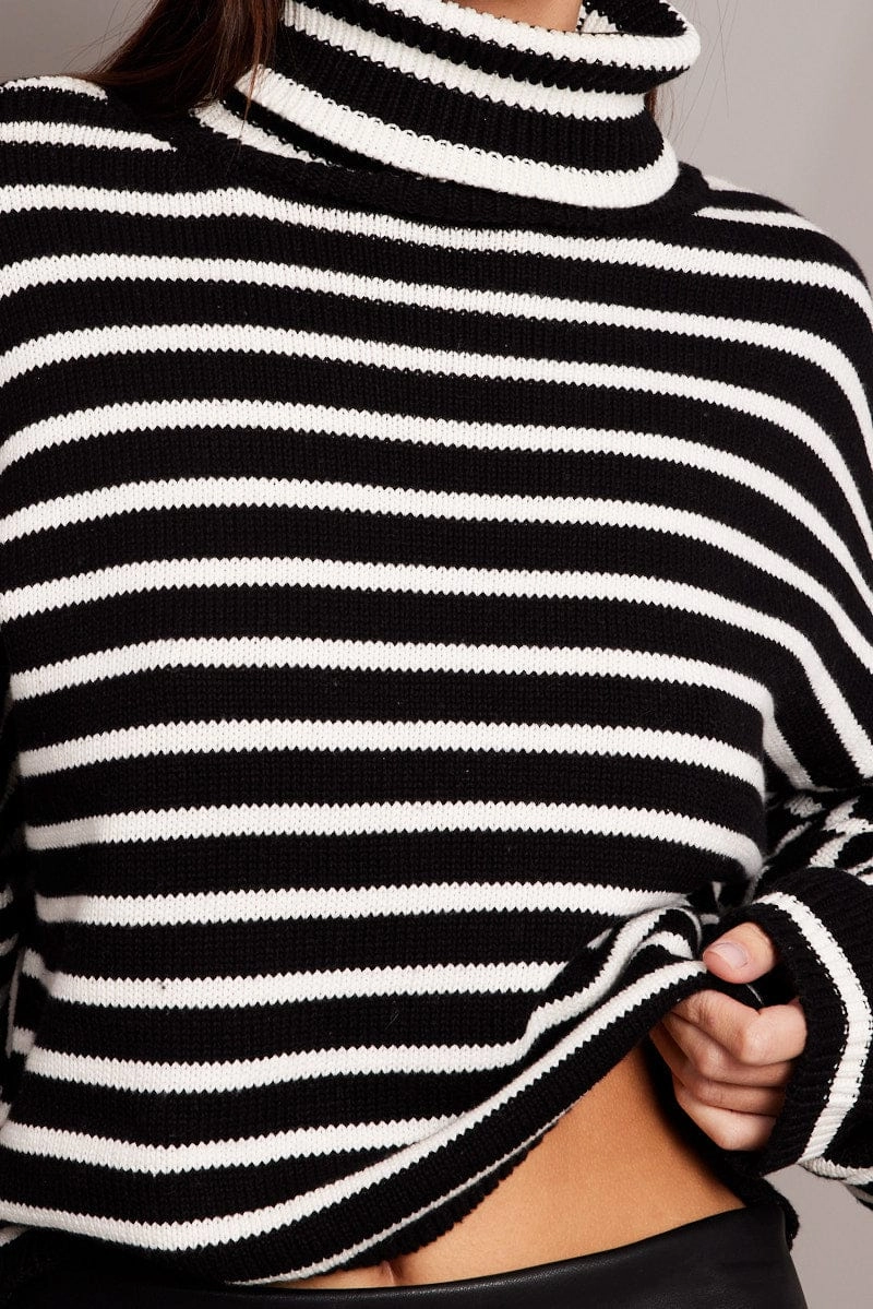 Black Stripe Knit Top Long Sleeve High Neck