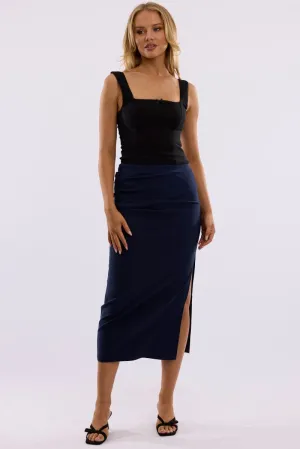 Blue Gathered Midi Skirt High Rise Bengaline Split