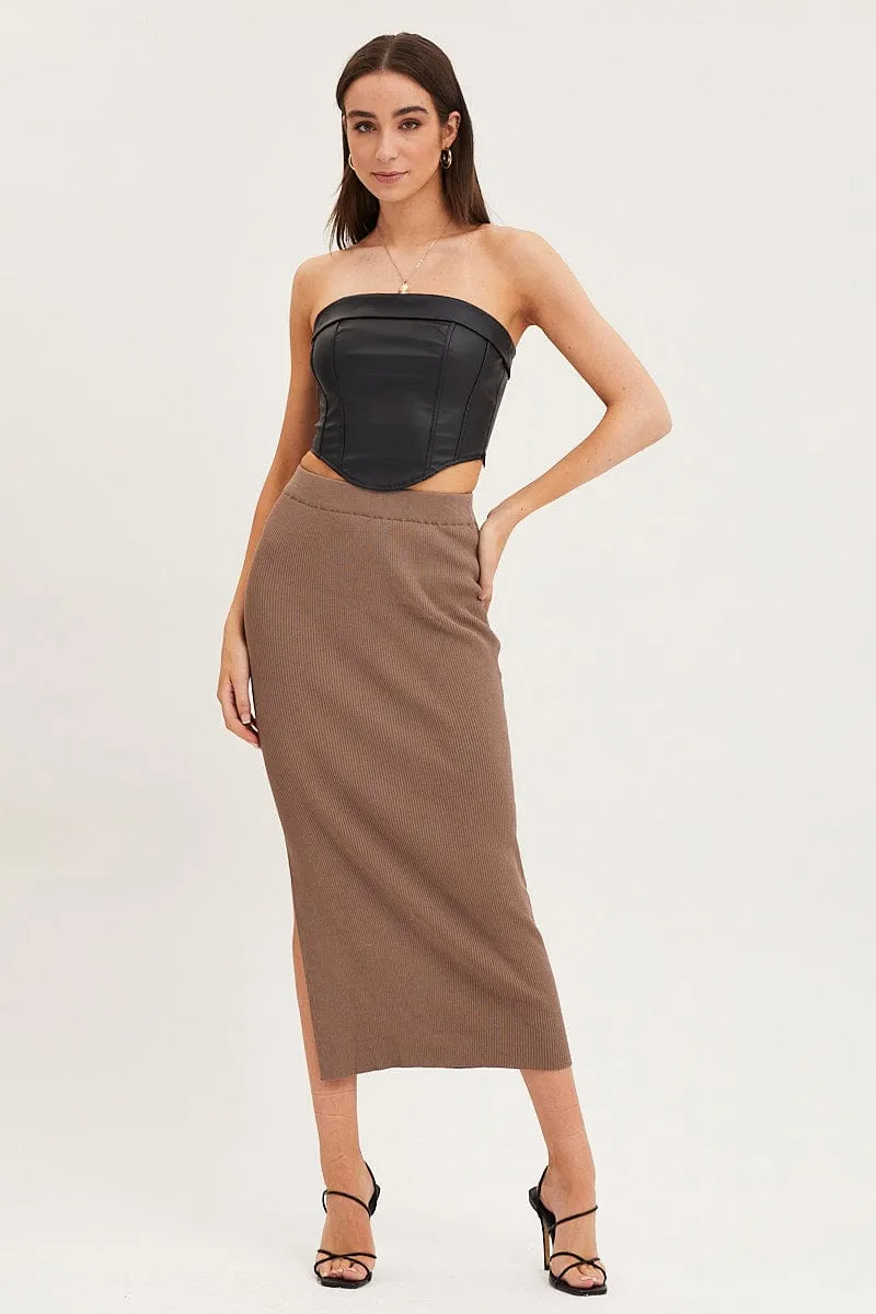 Brown Knit Skirt Midi High Rise