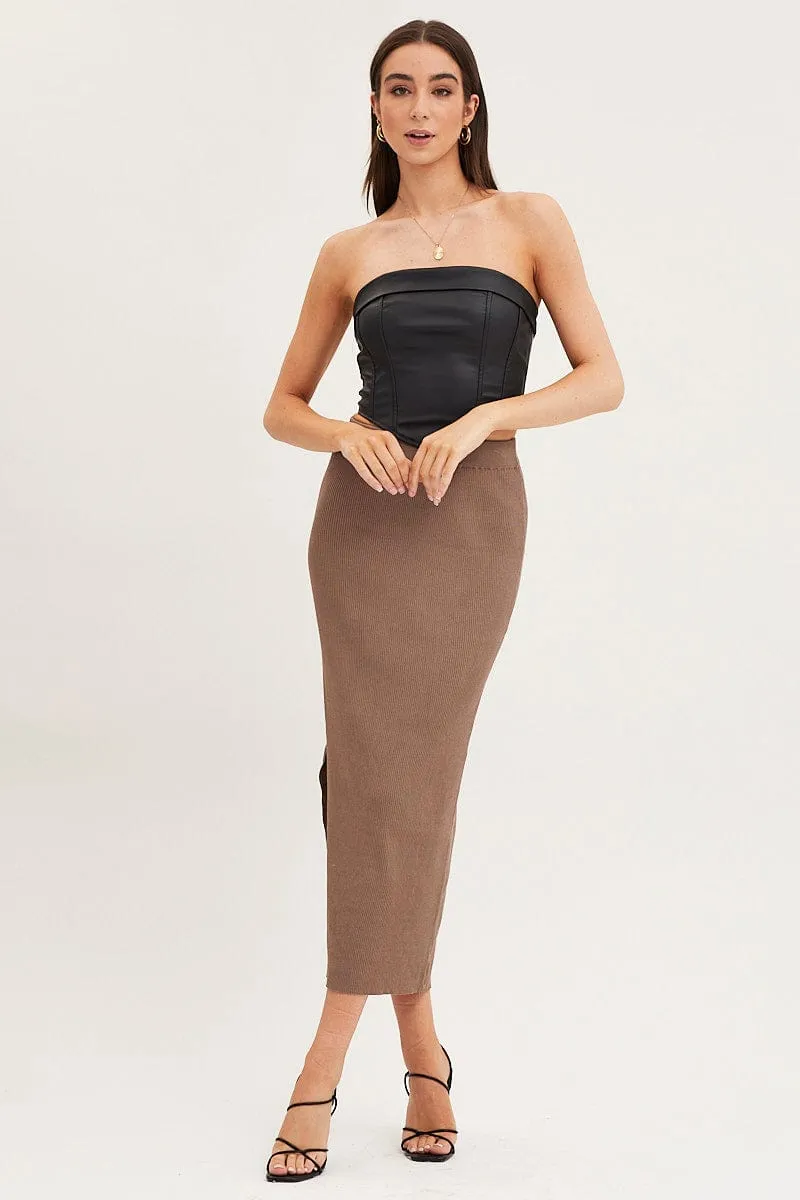 Brown Knit Skirt Midi High Rise
