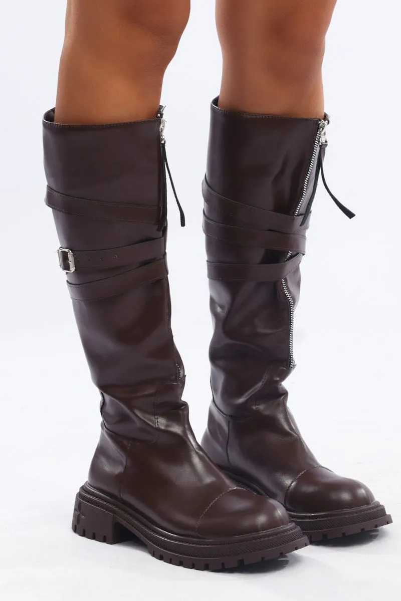 Brown Strappy Knee High Boots
