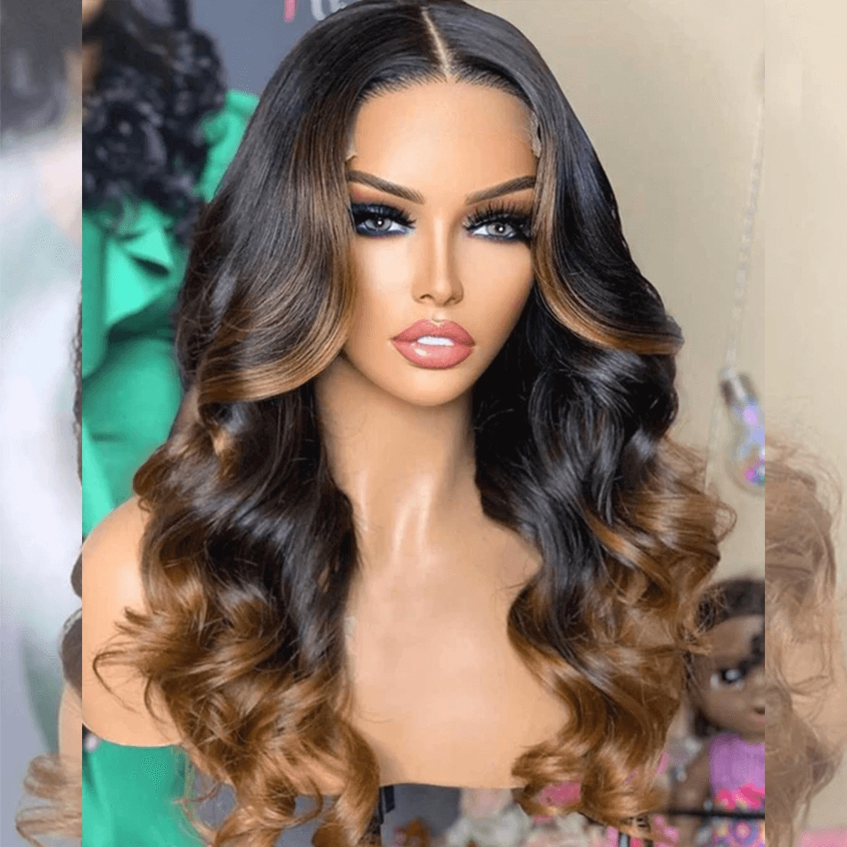 Double Drawn Hairstylist Works 6x5 Glueless Lace Closure Human Hair Wigs Body Wave Ombre Brown Colored Wigs Medium Chest Length