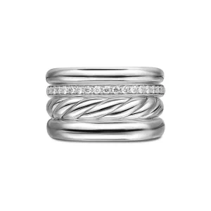 DY Mercer Four Row Ring in Sterling Silver with Diamonds, 13.8mm, Size 6
