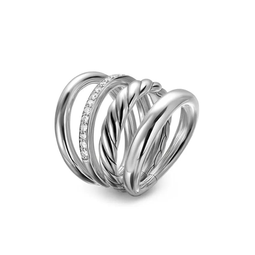 DY Mercer Four Row Ring in Sterling Silver with Diamonds, 13.8mm, Size 7