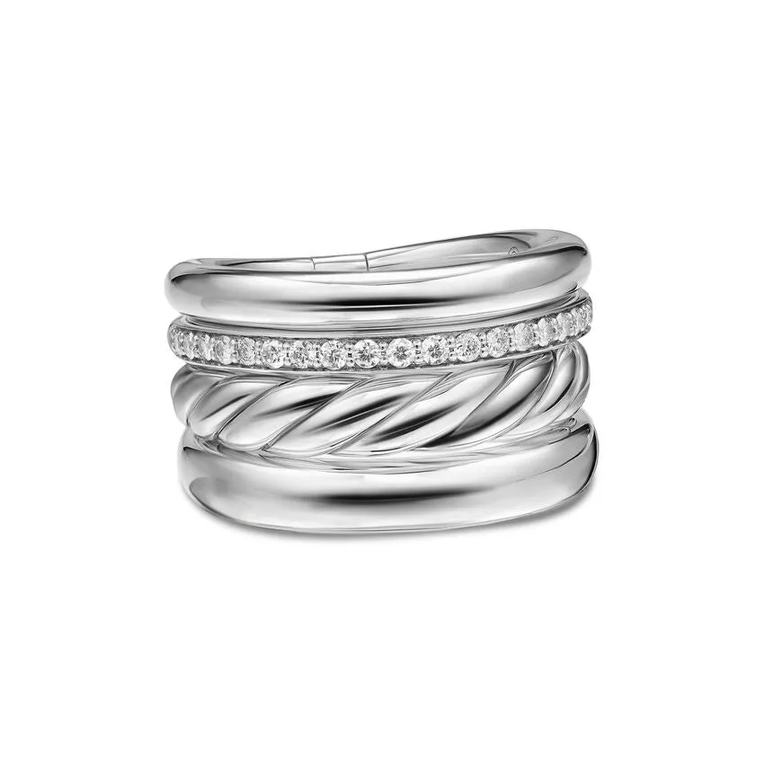 DY Mercer Four Row Ring in Sterling Silver with Diamonds, 13.8mm, Size 8