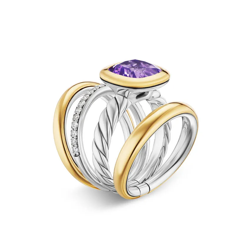 DY Mercer Four Row Stone Ring in Sterling Silver with 18K Yellow Gold, Amethyst and Diamonds, 14mm, Size 8