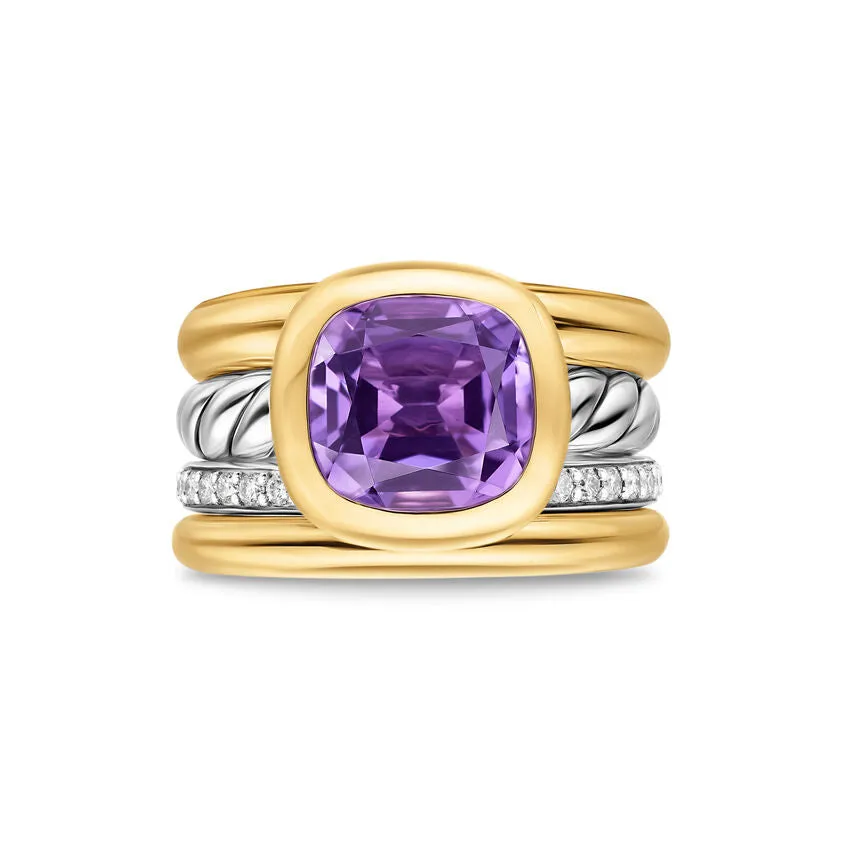 DY Mercer Four Row Stone Ring in Sterling Silver with 18K Yellow Gold, Amethyst and Diamonds, 14mm, Size 8
