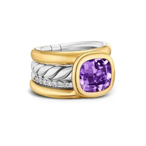 DY Mercer Four Row Stone Ring in Sterling Silver with 18K Yellow Gold, Amethyst and Diamonds, 14mm, Size 8