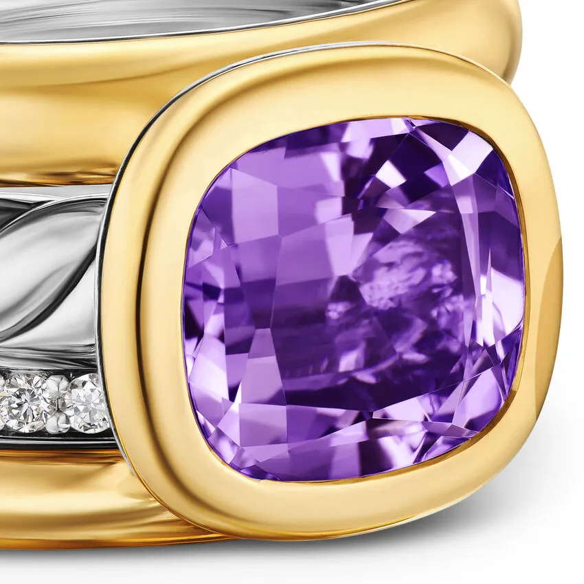DY Mercer Four Row Stone Ring in Sterling Silver with 18K Yellow Gold, Amethyst and Diamonds, 14mm, Size 8