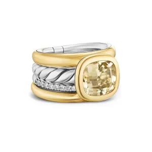 DY Mercer Four Row Stone Ring in Sterling Silver with 18K Yellow Gold, Champagne Citrine and Diamonds, 14mm, Size 7