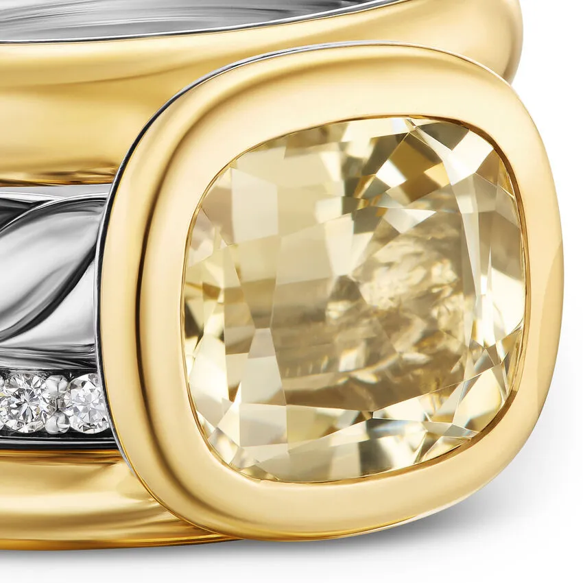DY Mercer Four Row Stone Ring in Sterling Silver with 18K Yellow Gold, Champagne Citrine and Diamonds, 14mm, Size 7