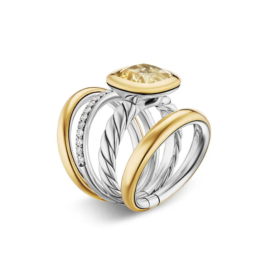 DY Mercer Four Row Stone Ring in Sterling Silver with 18K Yellow Gold, Champagne Citrine and Diamonds, 14mm, Size 8
