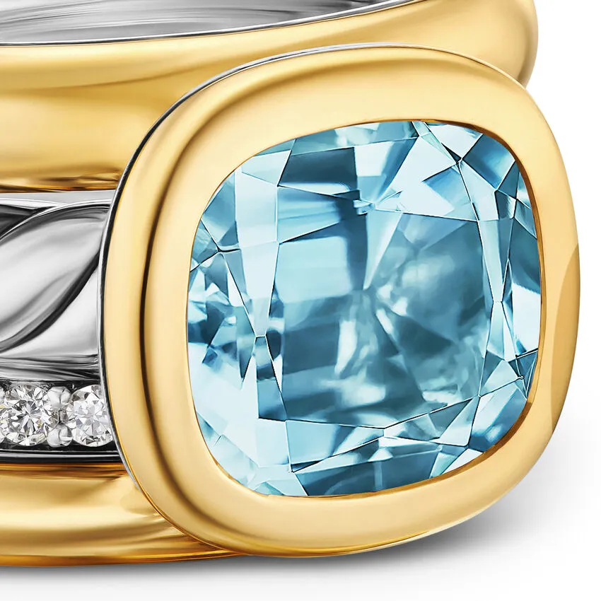 DY Mercer Four Row Stone Ring in Sterling Silver with 18K Yellow Gold, Sky Blue Topaz and Diamonds, 14mm, Size 7