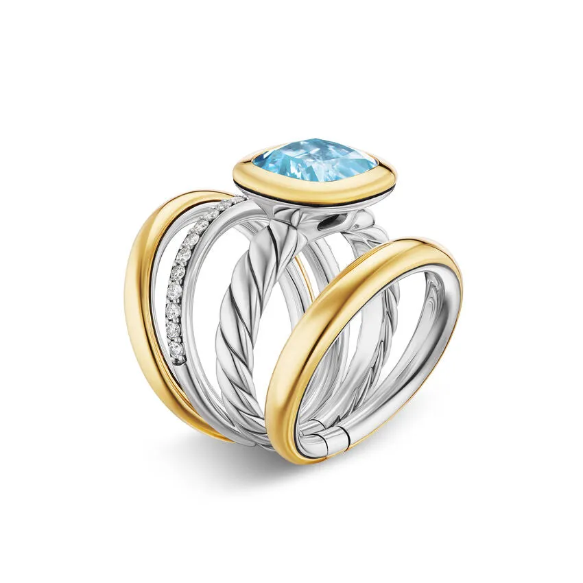 DY Mercer Four Row Stone Ring in Sterling Silver with 18K Yellow Gold, Sky Blue Topaz and Diamonds, 14mm, Size 7