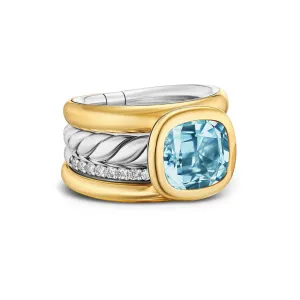 DY Mercer Four Row Stone Ring in Sterling Silver with 18K Yellow Gold, Sky Blue Topaz and Diamonds, 14mm, Size 8