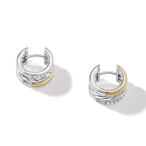 DY Mercer Huggie Hoop Earrings in Sterling Silver with 18K Yellow Gold and Pavé Diamonds