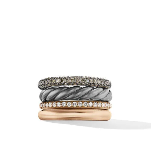 DY Mercer Melange Multi Row Ring in Sterling Silver with 18K Rose Gold and Pavé Diamonds, Size 8