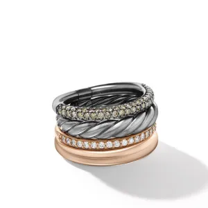 DY Mercer Melange Multi Row Ring in Sterling Silver with 18K Rose Gold and Pavé Diamonds, Size 8