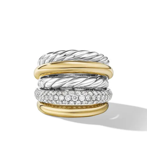 DY Mercer Multi Row Ring in Sterling Silver with 18K Yellow Gold and Diamonds, Size 7