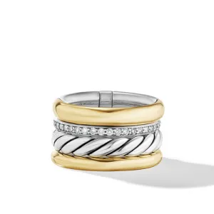 DY Mercer Multi Row Ring in Sterling Silver with 18K Yellow Gold and Pavé Diamonds, Size 7