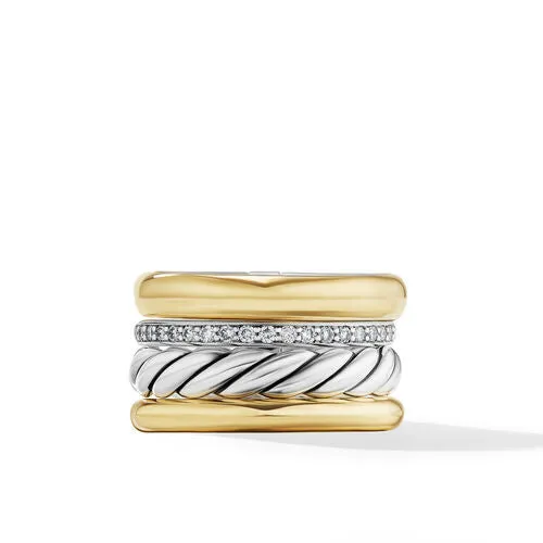DY Mercer Multi Row Ring in Sterling Silver with 18K Yellow Gold and Pavé Diamonds, Size 7