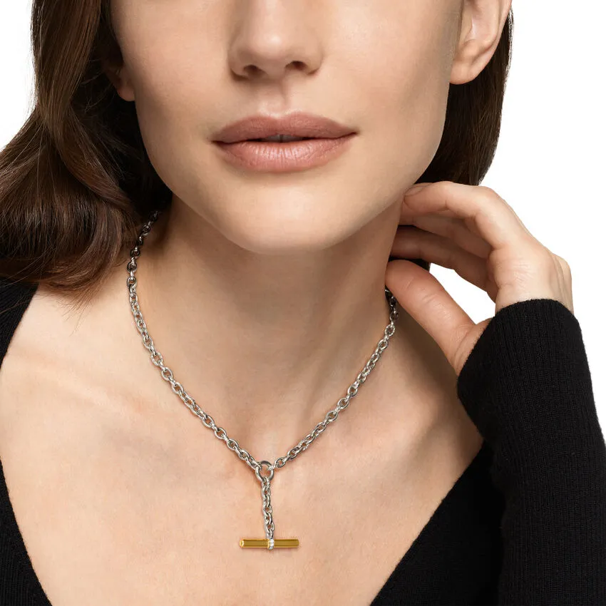 DY Mercer Petite Toggle Chain Necklace in Sterling Silver and 18K Yellow Gold with Diamonds, 4.5mm, 20"