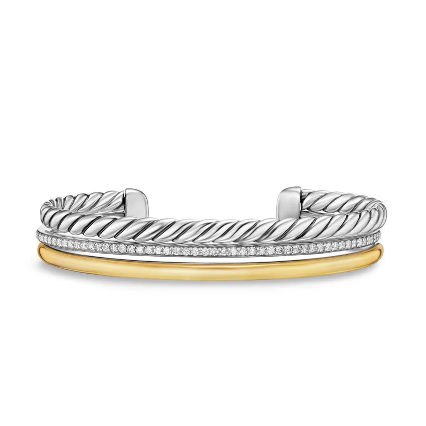 DY Mercer Three Row Cuff Bracelet in Sterling Silver with 18K Yellow Gold and Diamonds, 10mm, Size Large