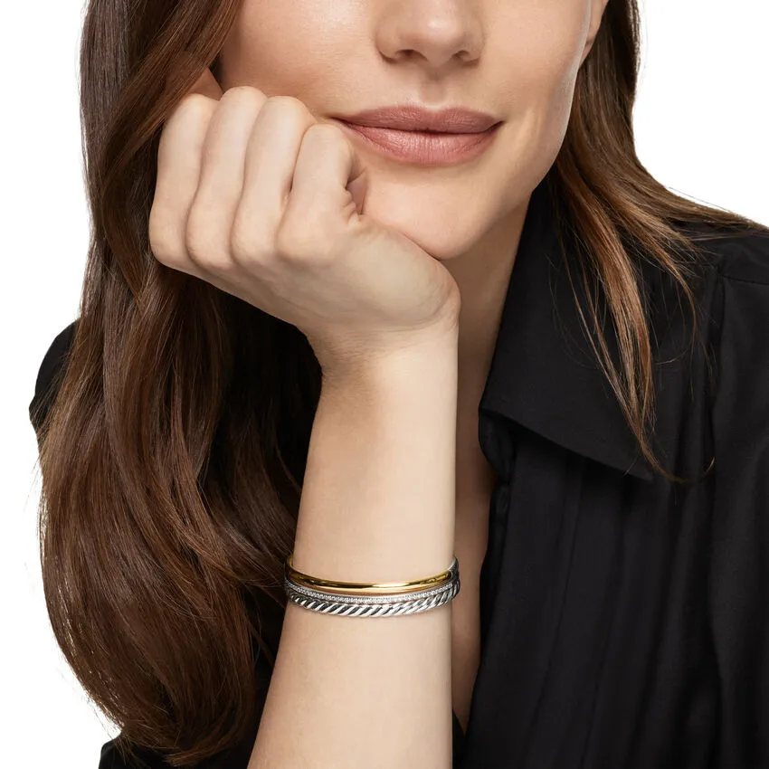 DY Mercer Three Row Cuff Bracelet in Sterling Silver with 18K Yellow Gold and Diamonds, 10mm, Size Medium