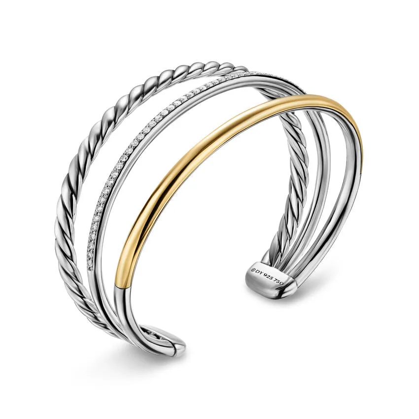 DY Mercer Three Row Cuff Bracelet in Sterling Silver with 18K Yellow Gold and Diamonds, 10mm, Size Medium