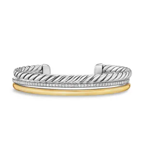 DY Mercer Three Row Cuff Bracelet in Sterling Silver with 18K Yellow Gold and Diamonds, 10mm, Size Medium