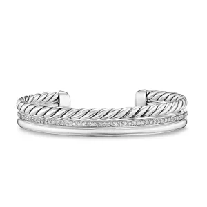 DY Mercer Three Row Cuff Bracelet in Sterling Silver with Diamonds, 10mm, Size Medium