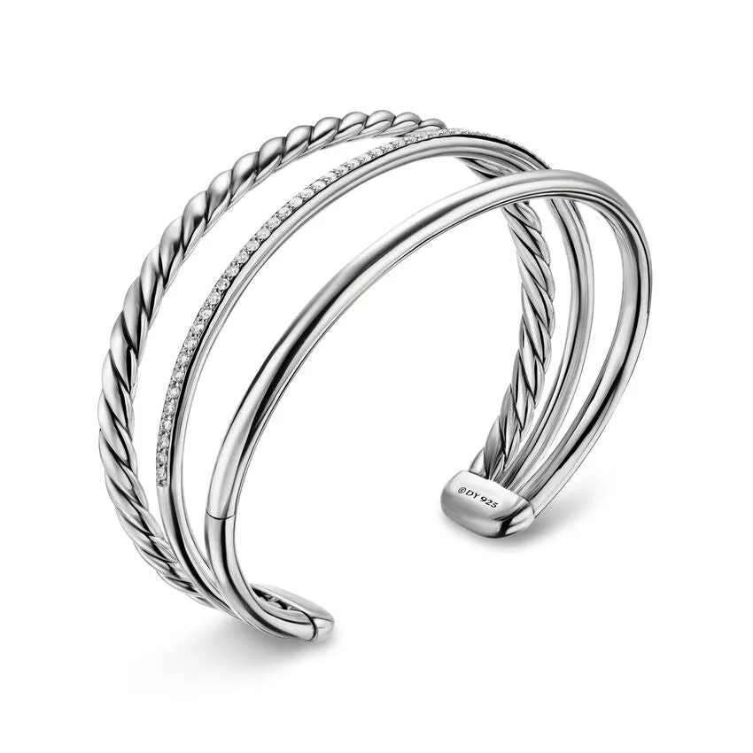 DY Mercer Three Row Cuff Bracelet in Sterling Silver with Diamonds, 10mm, Size Medium