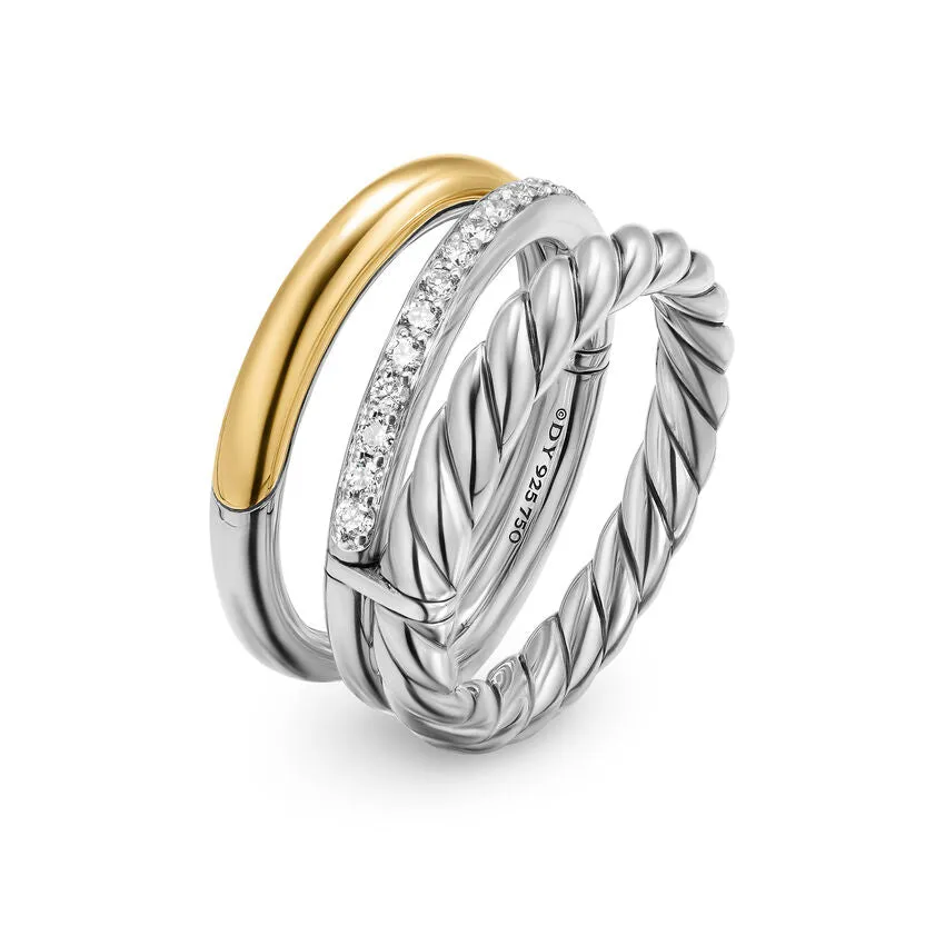 DY Mercer Three Row Ring in Sterling Silver with 18K Yellow Gold and Diamonds, 8.9mm, Size 6