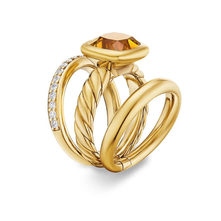 DY Mercer Three Row Stone Ring in 18K Yellow Gold with Citrine and Diamonds, 12mm, Size 8