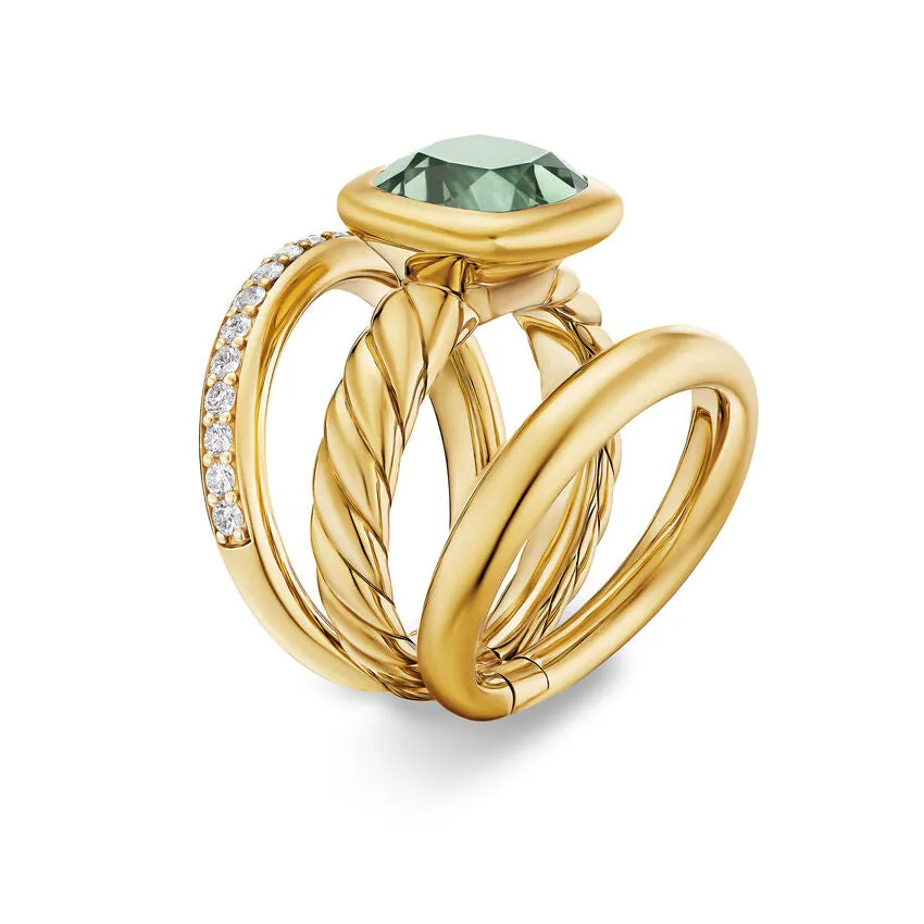 DY Mercer Three Row Stone Ring in 18K Yellow Gold with Prasiolite and Diamonds, 12mm, Size 7