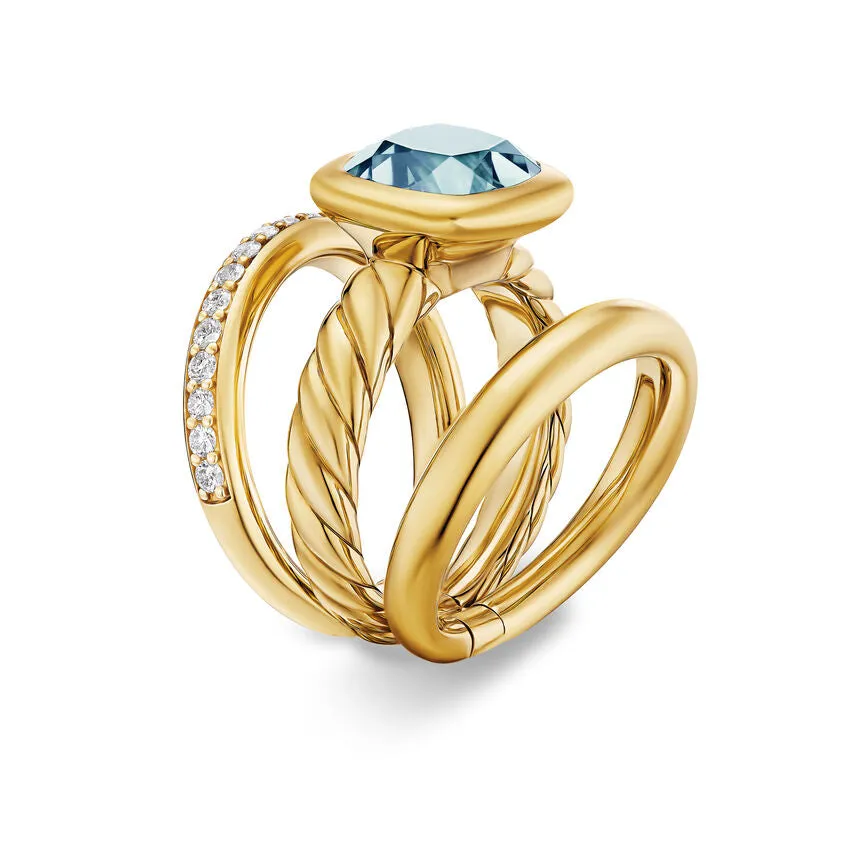 DY Mercer Three Row Stone Ring in 18K Yellow Gold with Sky Blue Topaz and Diamonds, 12mm, Size 7