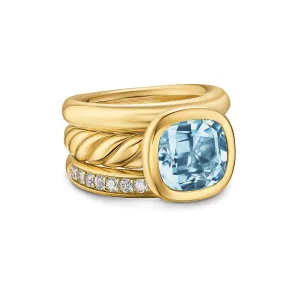 DY Mercer Three Row Stone Ring in 18K Yellow Gold with Sky Blue Topaz and Diamonds, 12mm, Size 8