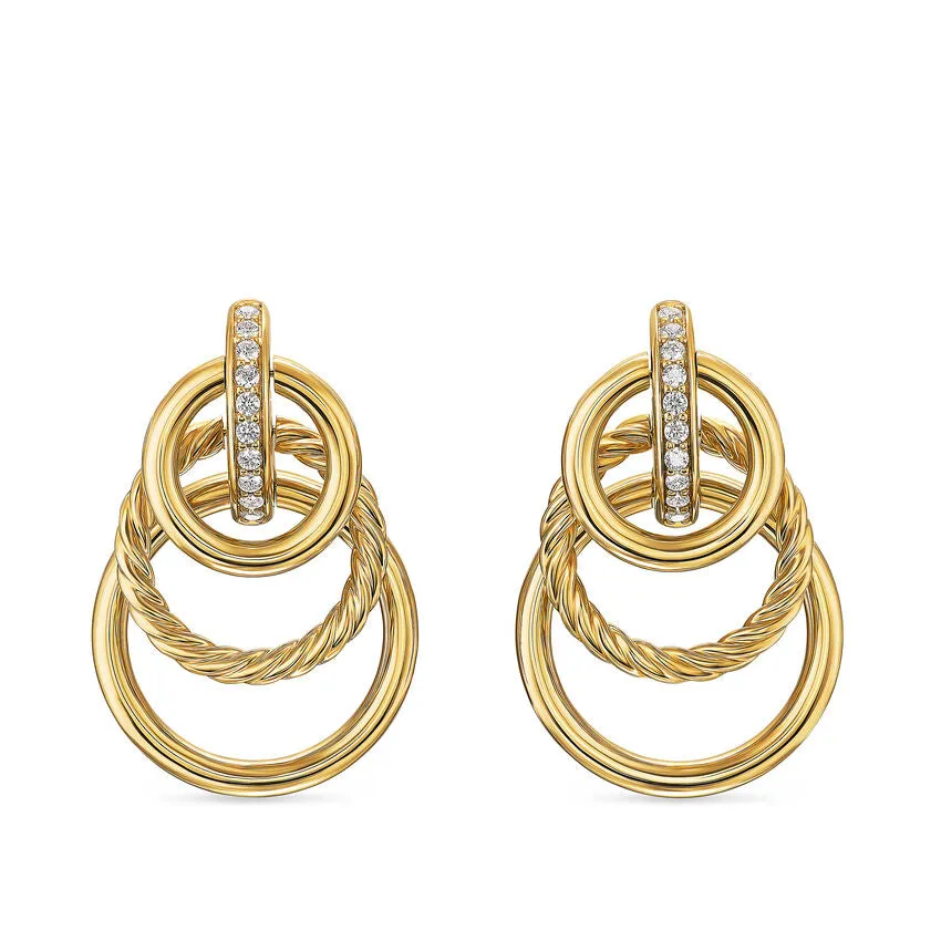 DY Mercer Triple Ring Drop Earrings in 18K Yellow Gold with Diamonds, 35.6mm