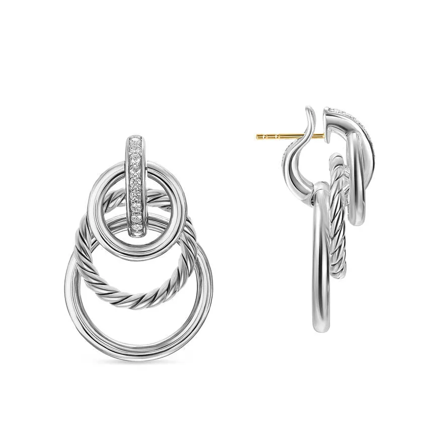 DY Mercer Triple Ring Drop Earrings in Sterling Silver with Diamonds, 35.6mm