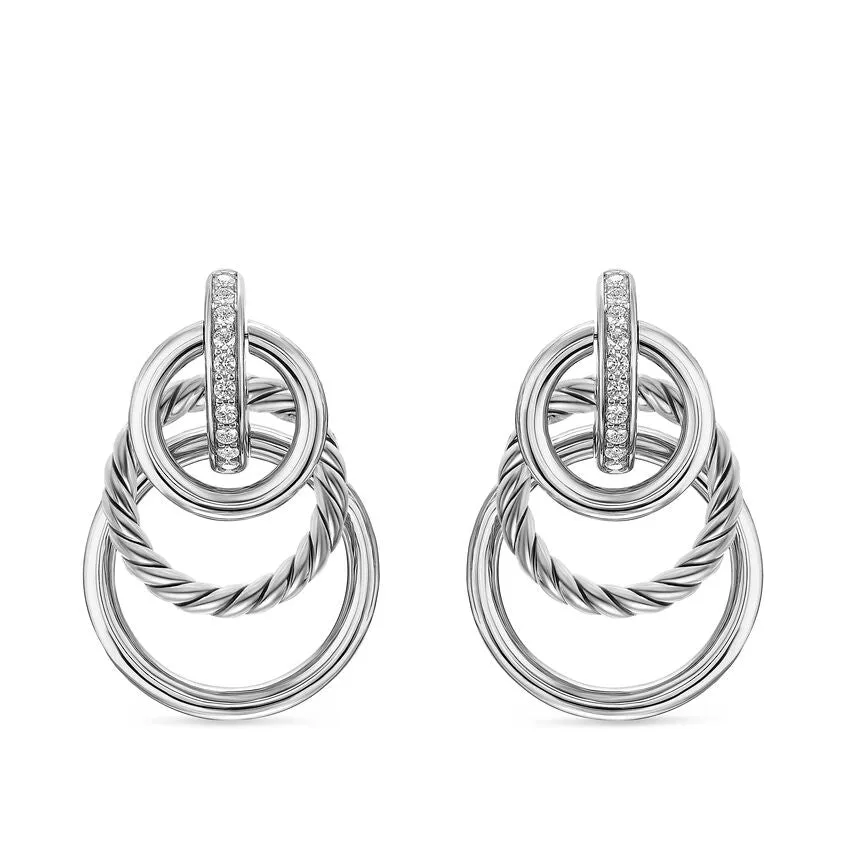 DY Mercer Triple Ring Drop Earrings in Sterling Silver with Diamonds, 35.6mm