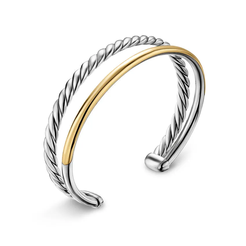 DY Mercer Two Row Cuff Bracelet in Sterling Silver with 18K Yellow Gold, 8mm, Size Small