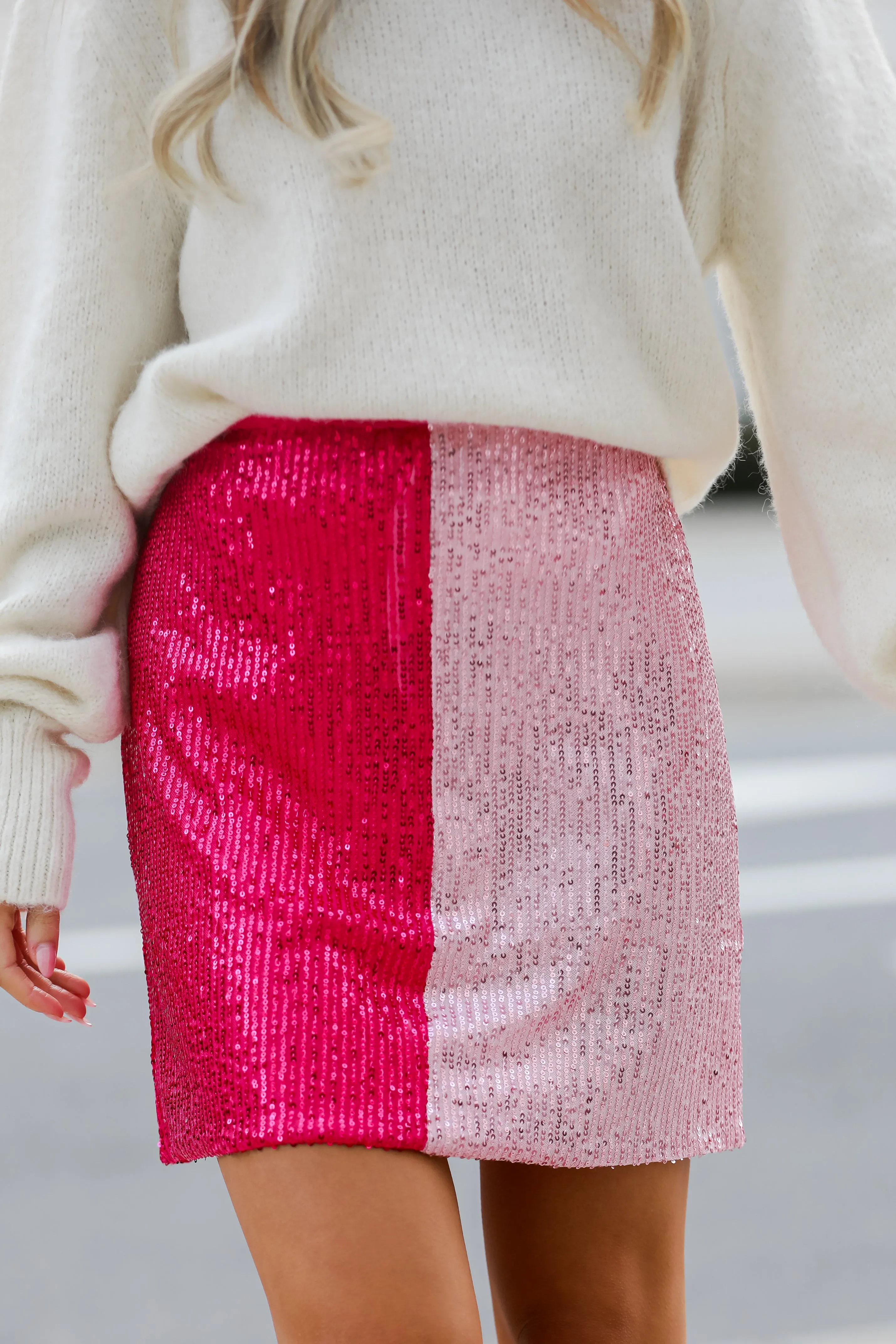 FINAL SALE - Ready To Sparkle Fuchsia Color Block Sequin Mini Skirt