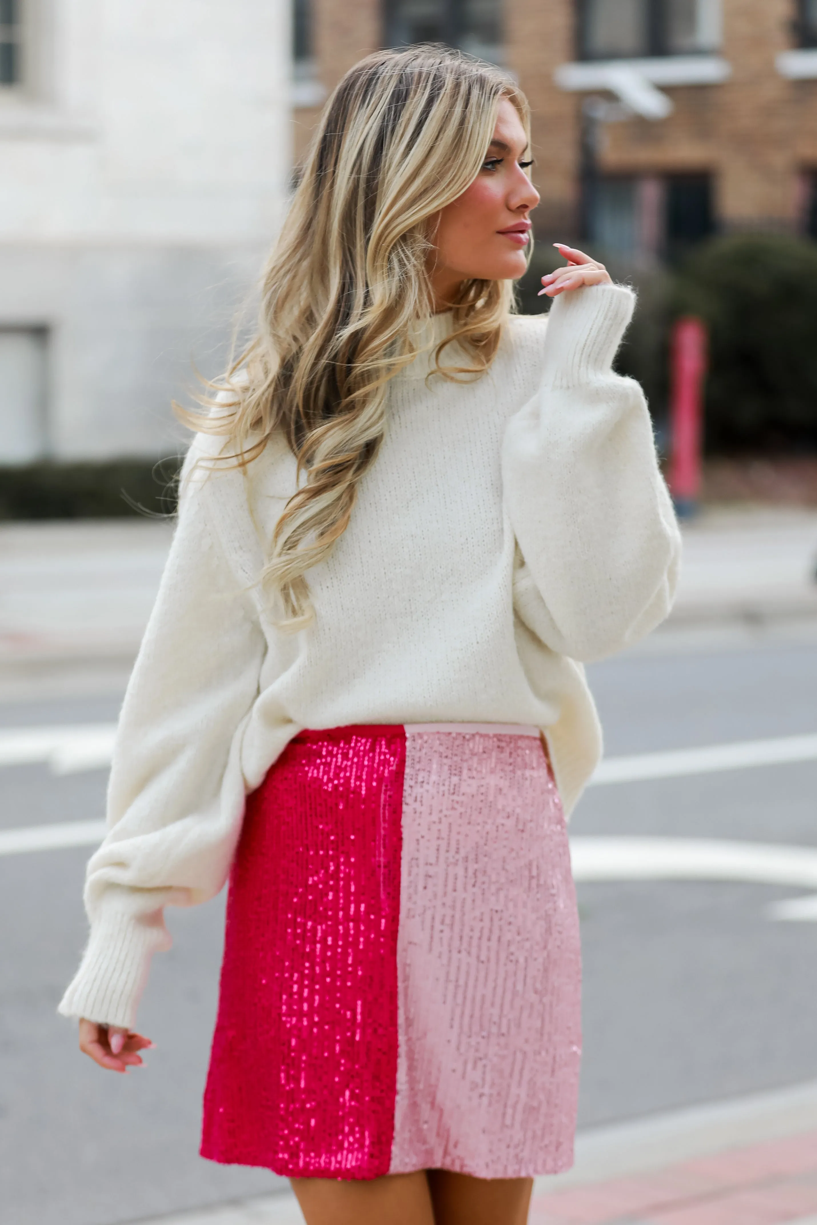 FINAL SALE - Ready To Sparkle Fuchsia Color Block Sequin Mini Skirt