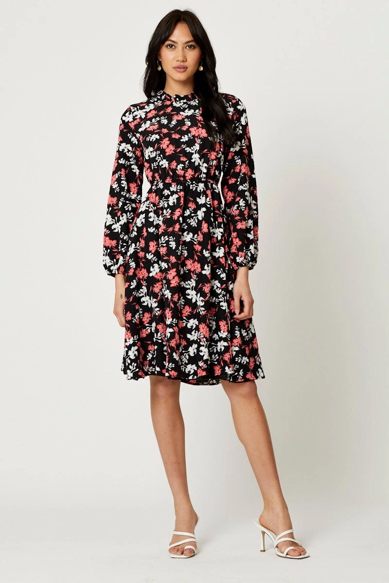 Print High Neck Floral Midi Dress